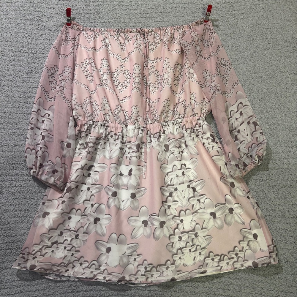 Kittenish Mini Dress Off Shoulder Medium Pink‎ Floral Coquette Boho Romantic